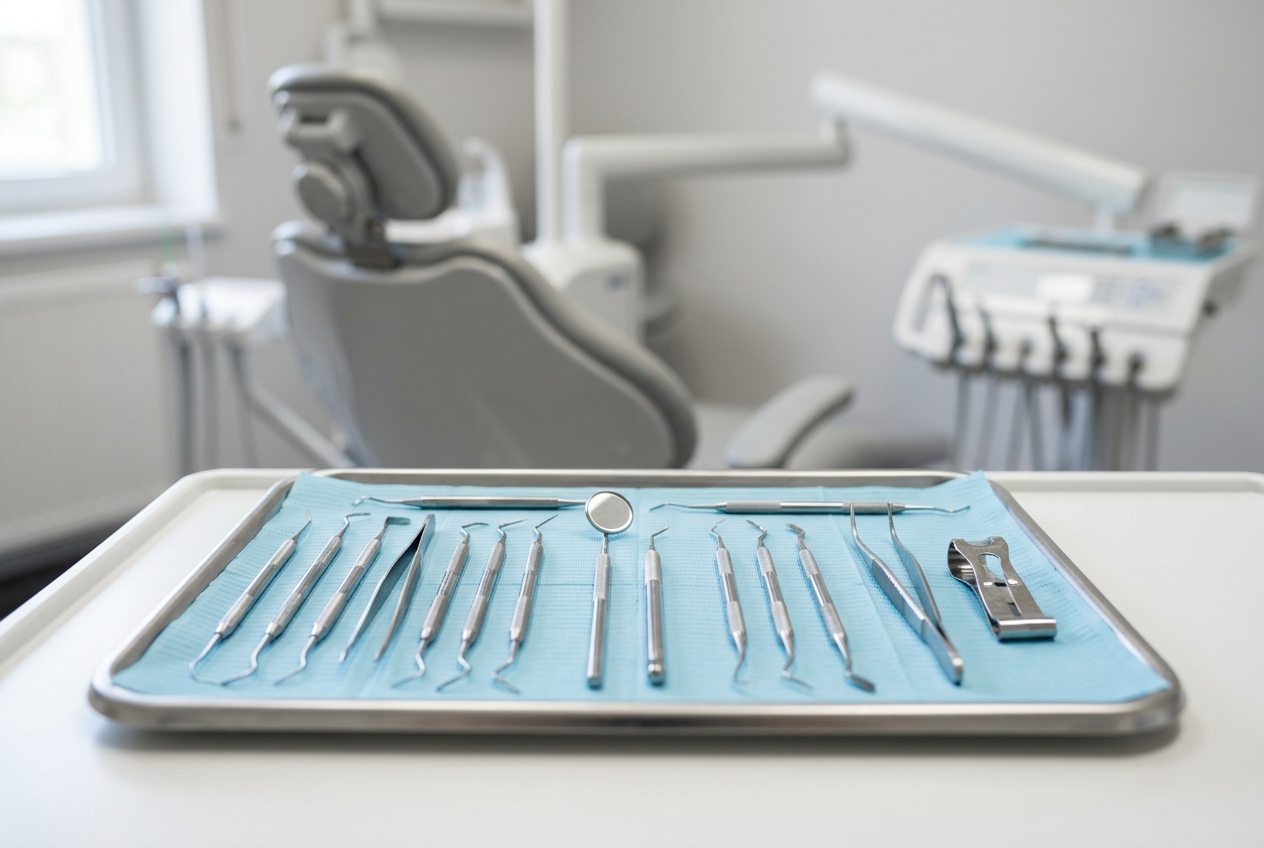 Plateau d'instruments dentaires prêt pour une prise en charge d'urgence