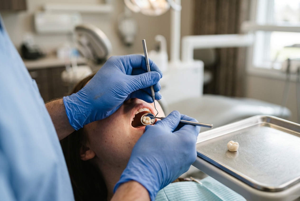 Mains gantées examinant une dent avec miroir et couronne sur un plateau