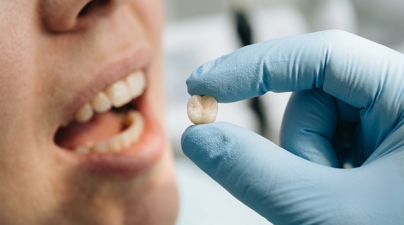Couronne dentaire tenue entre les doigts en gros plan
