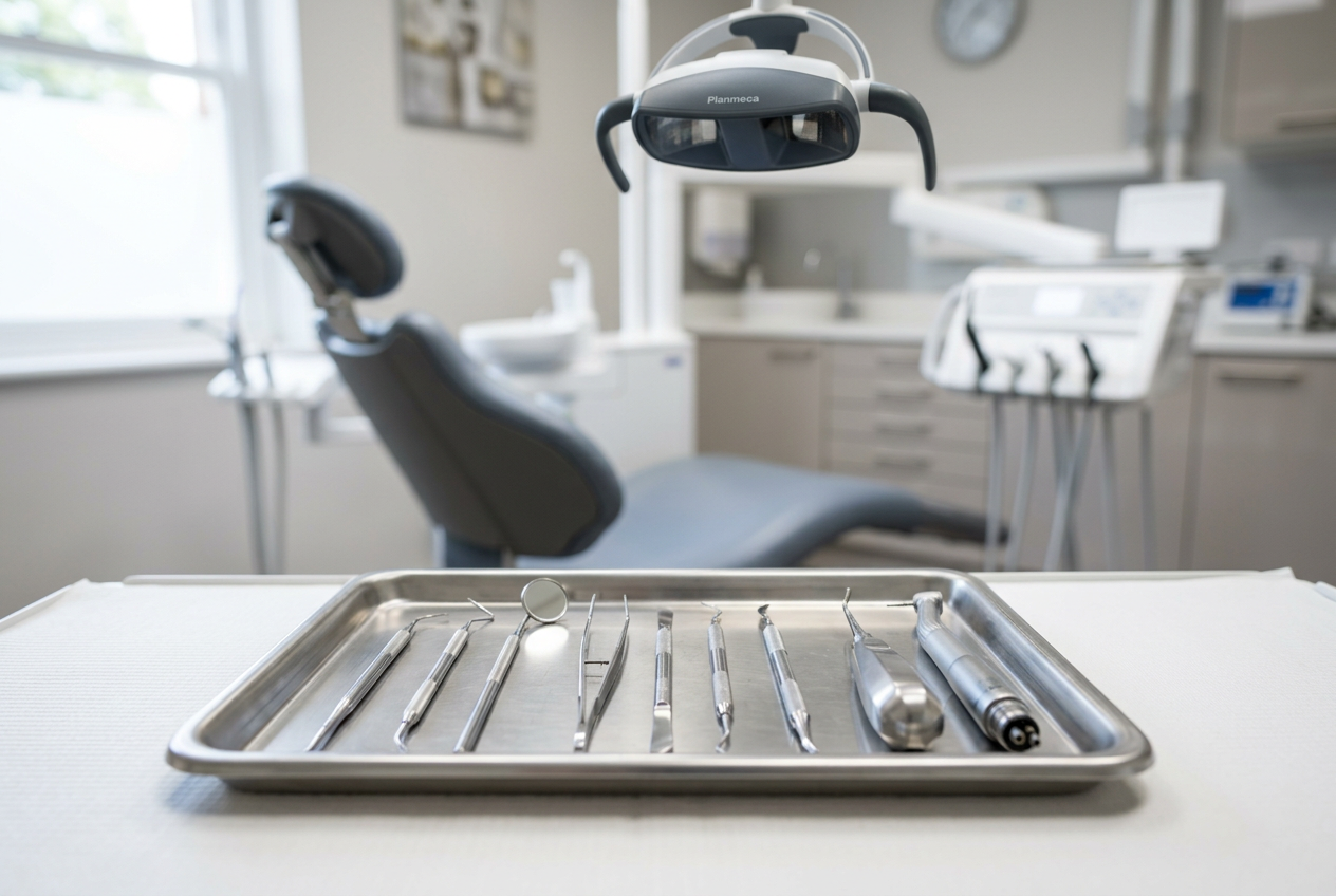 Instruments dentaires sur un plateau inox dans une ambiance de cabinet floutée