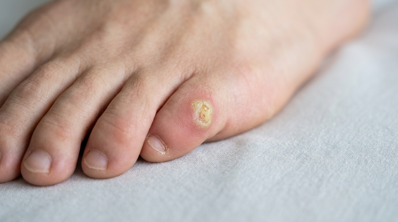 Zone épaissie et douloureuse sur un orteil évoquant un cor au pied