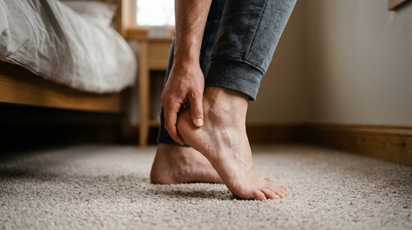 Main soutenant un talon douloureux au moment du lever