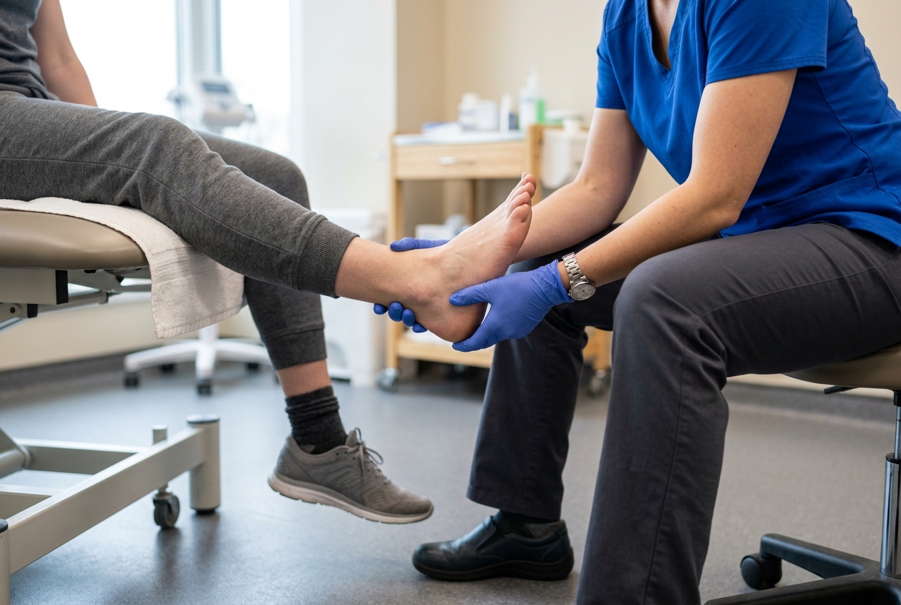 Examen podologique d'un talon en consultation