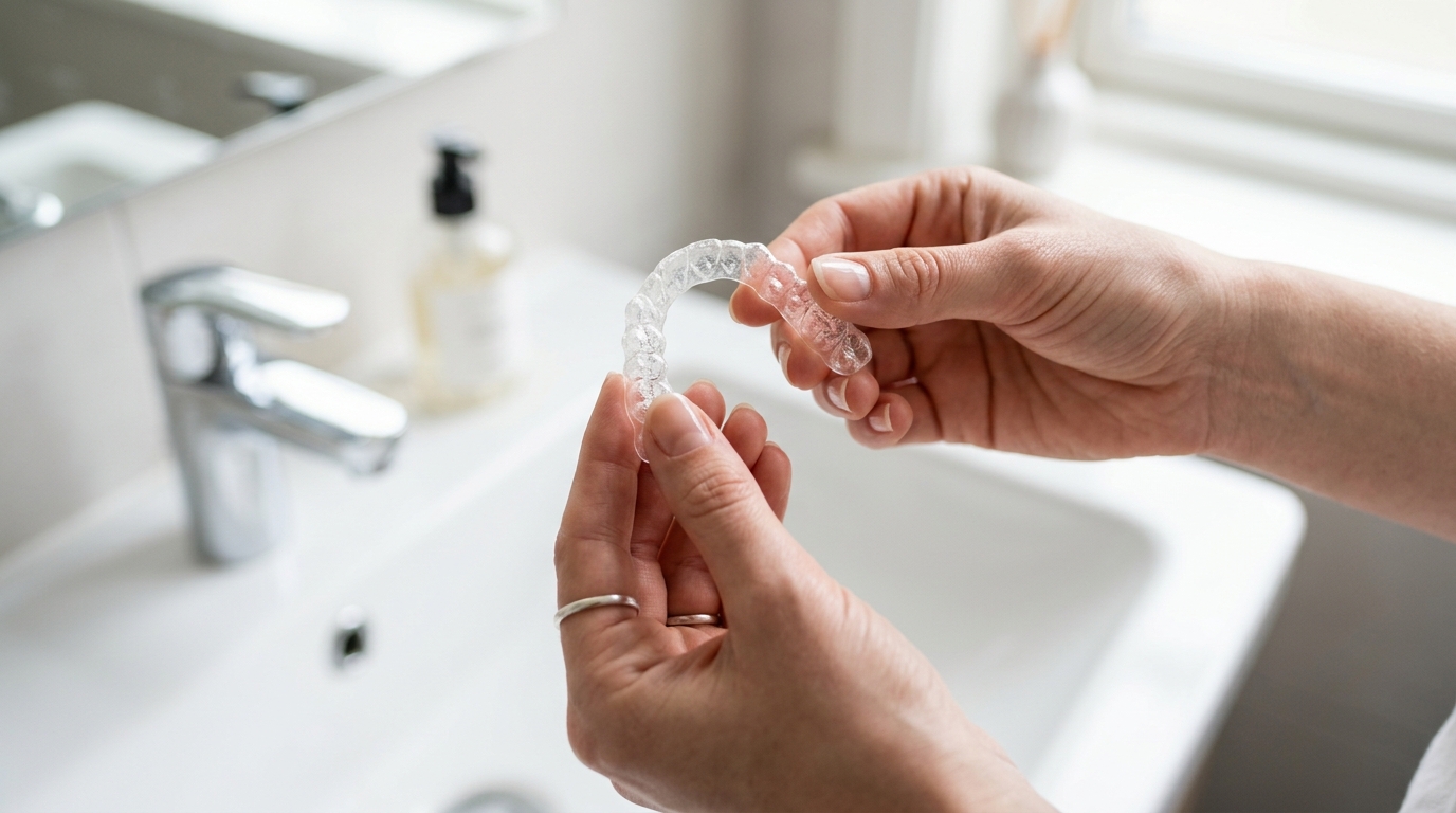 Gouttière de contention transparente tenue en main