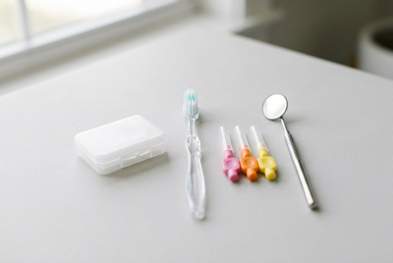 Cire orthodontique et matériel d’hygiène bucco-dentaire sur une surface neutre