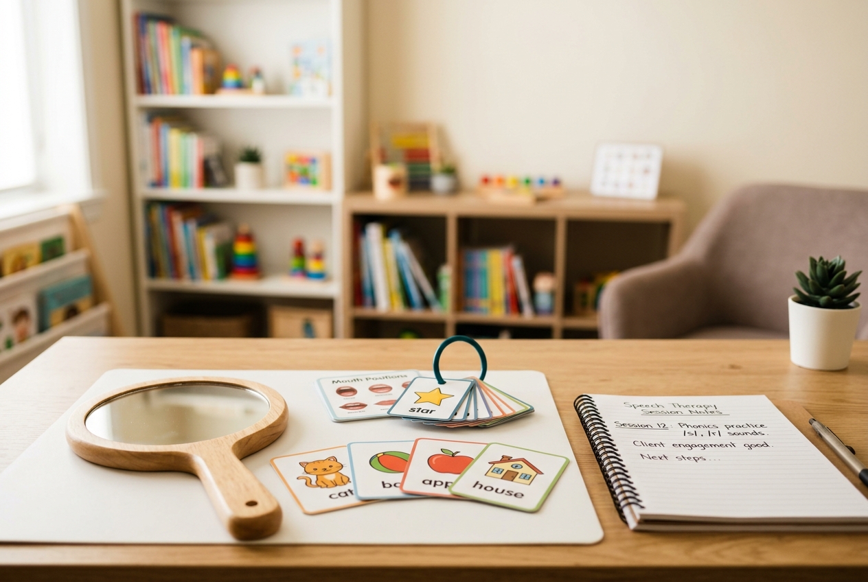 Matériel d’orthophonie et carnet de suivi sur un bureau lumineux
