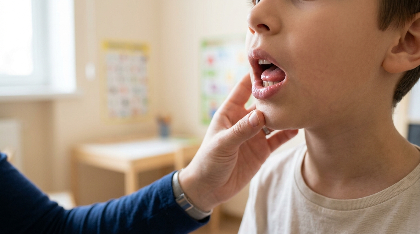 Gros plan d’une bouche d’enfant prononçant un son avec accompagnement orthophonique